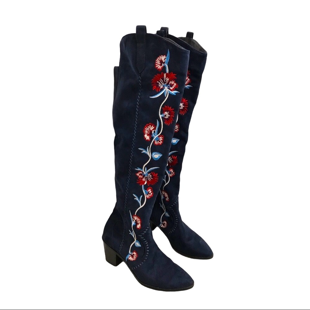 Carlos Santana Dark Blue Floral Over the Knee Boots
